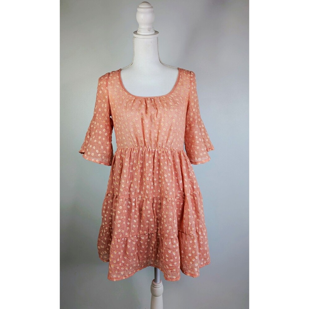 Ellison Womens Small Pink Floral Babydoll Dress Tiered Cottagecore Coquette Bell